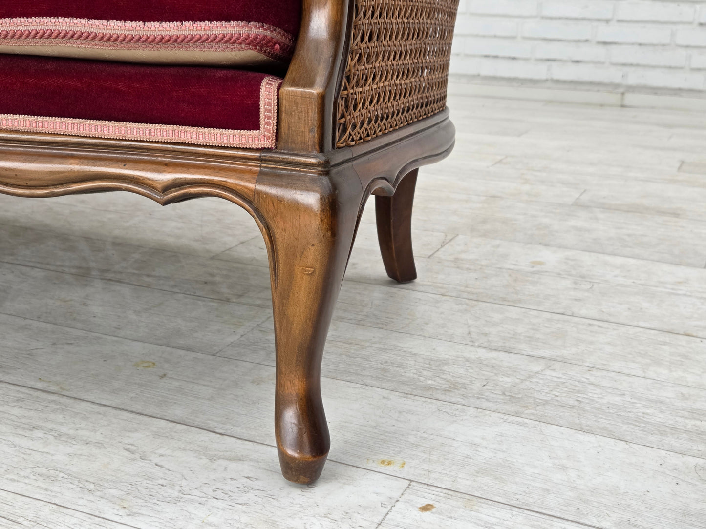 1950s, Danish 3-seater sofa, furniture velour, ash wood, furniture mesh.