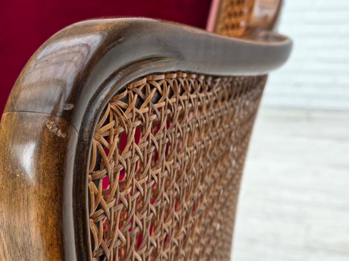 1950s, Danish 3-seater sofa, furniture velour, ash wood, furniture mesh.