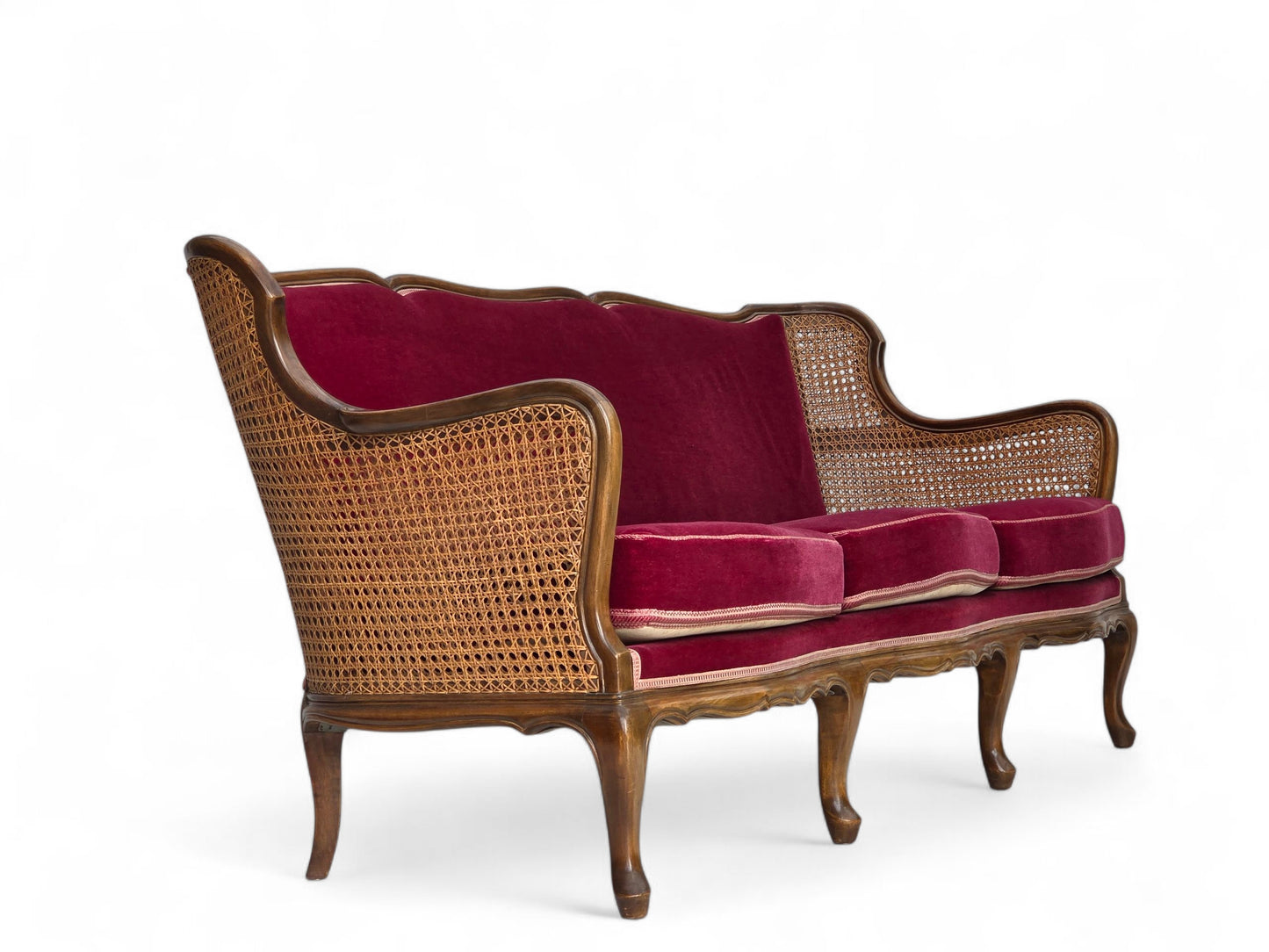 1950s, Danish 3-seater sofa, furniture velour, ash wood, furniture mesh.