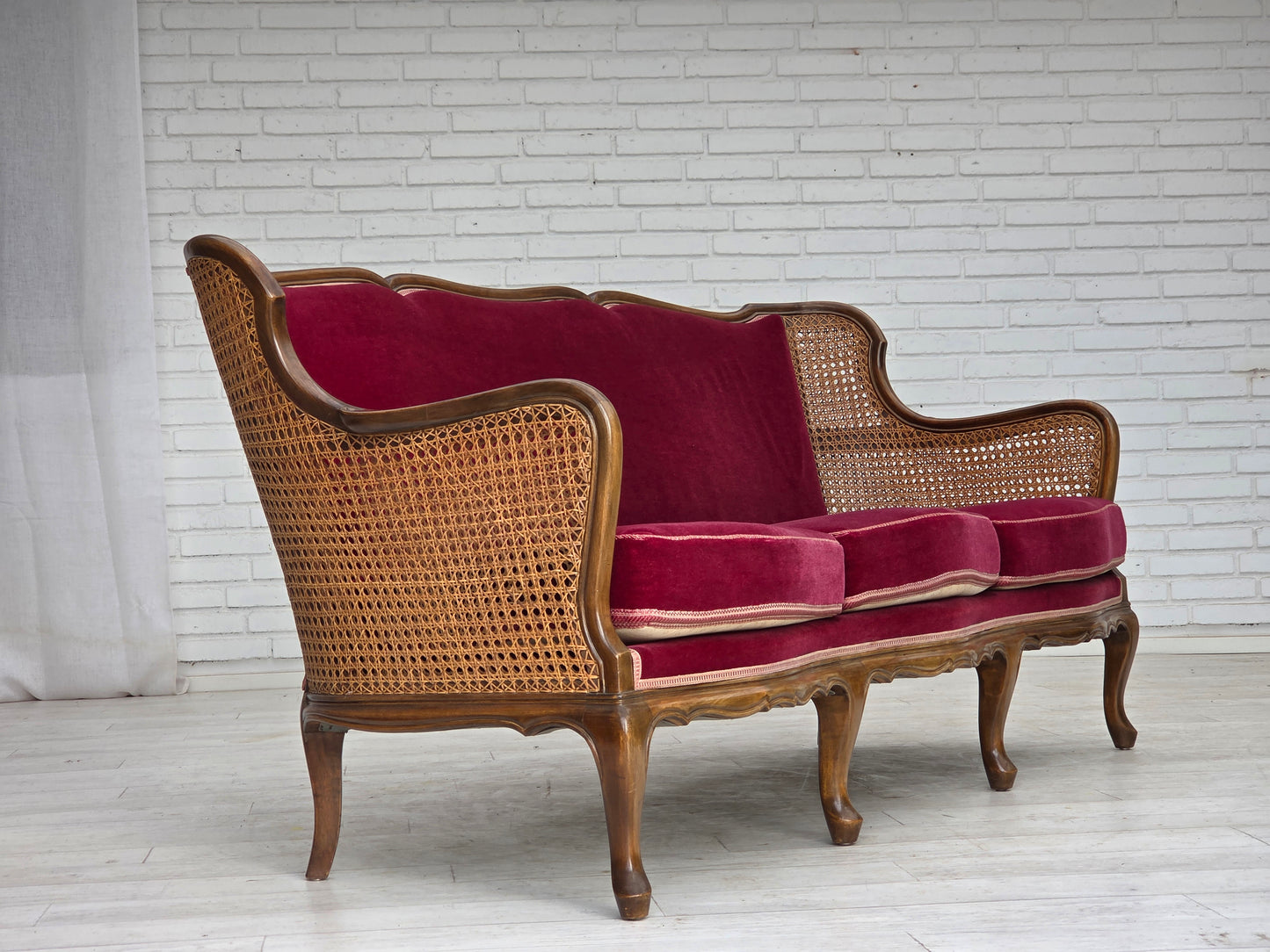 1950s, Danish 3-seater sofa, furniture velour, ash wood, furniture mesh.
