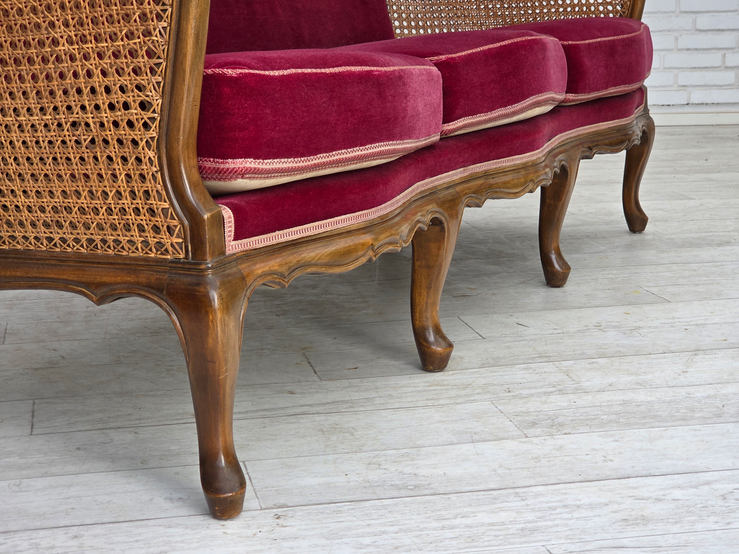 1950s, Danish 3-seater sofa, furniture velour, ash wood, furniture mesh.