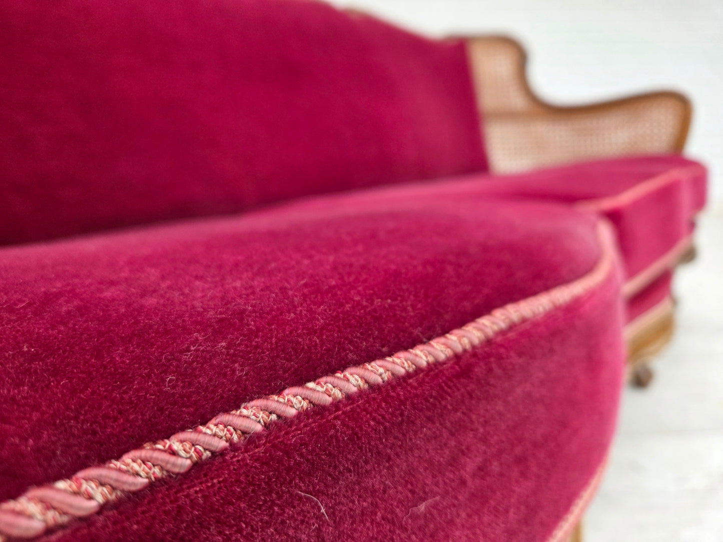 1950s, Danish 3-seater sofa, furniture velour, ash wood, furniture mesh.