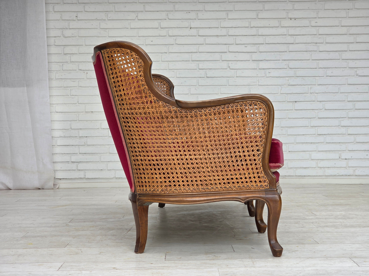 1950s, Danish 3-seater sofa, furniture velour, ash wood, furniture mesh.