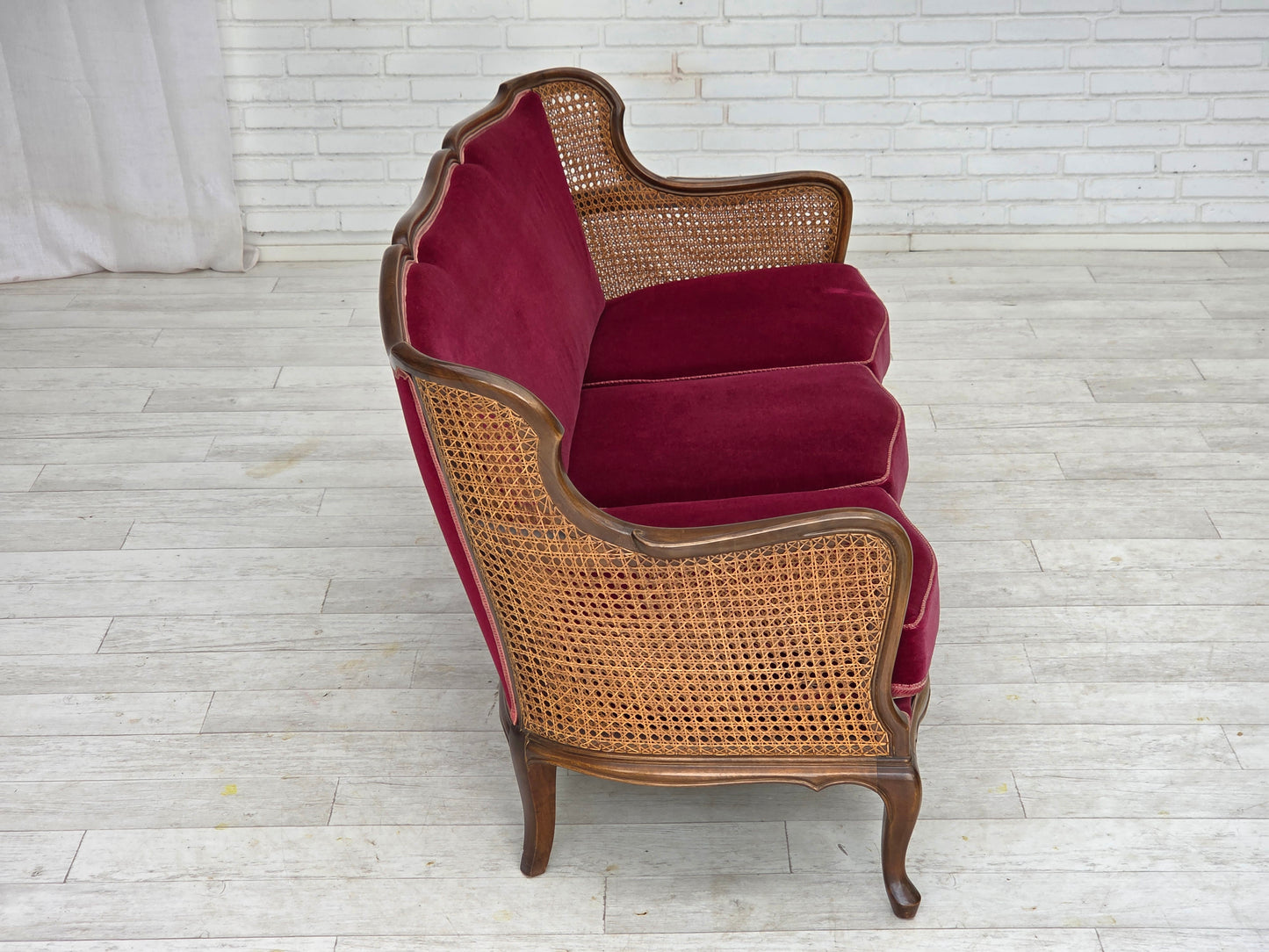 1950s, Danish 3-seater sofa, furniture velour, ash wood, furniture mesh.