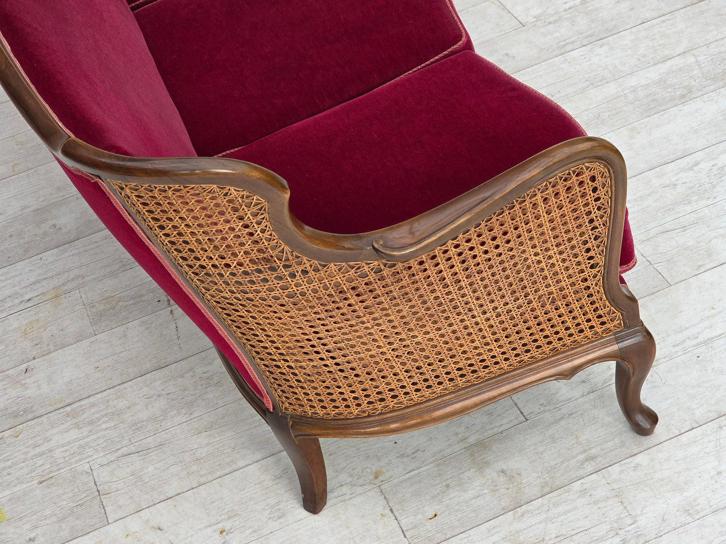 1950s, Danish 3-seater sofa, furniture velour, ash wood, furniture mesh.