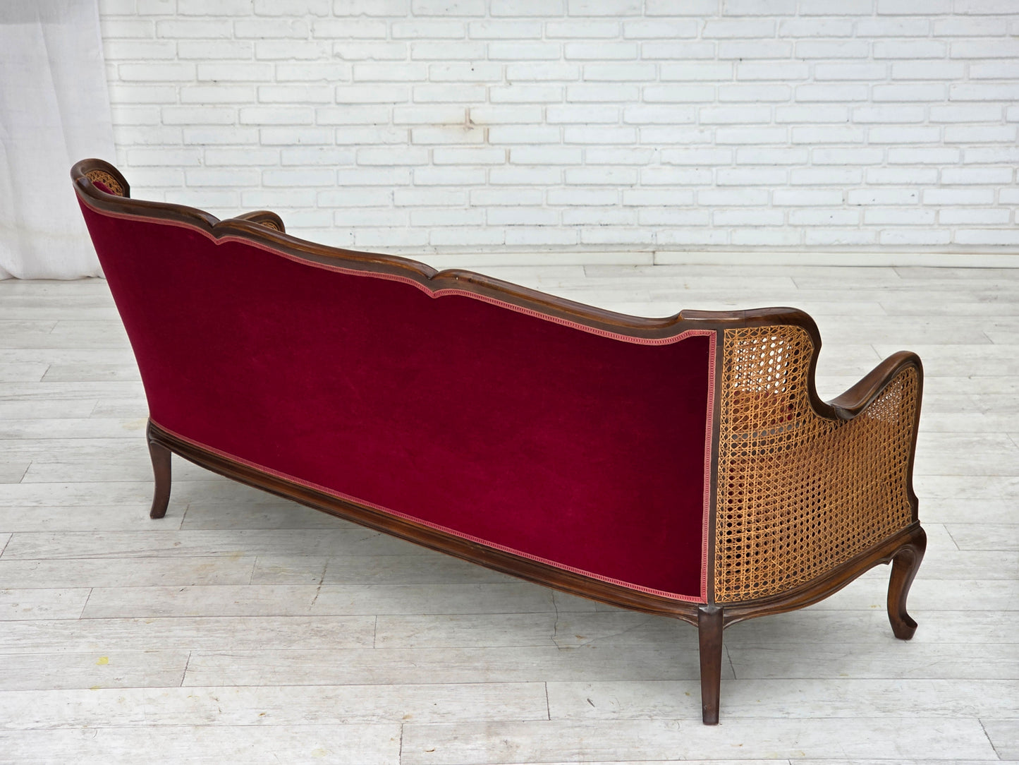 1950s, Danish 3-seater sofa, furniture velour, ash wood, furniture mesh.