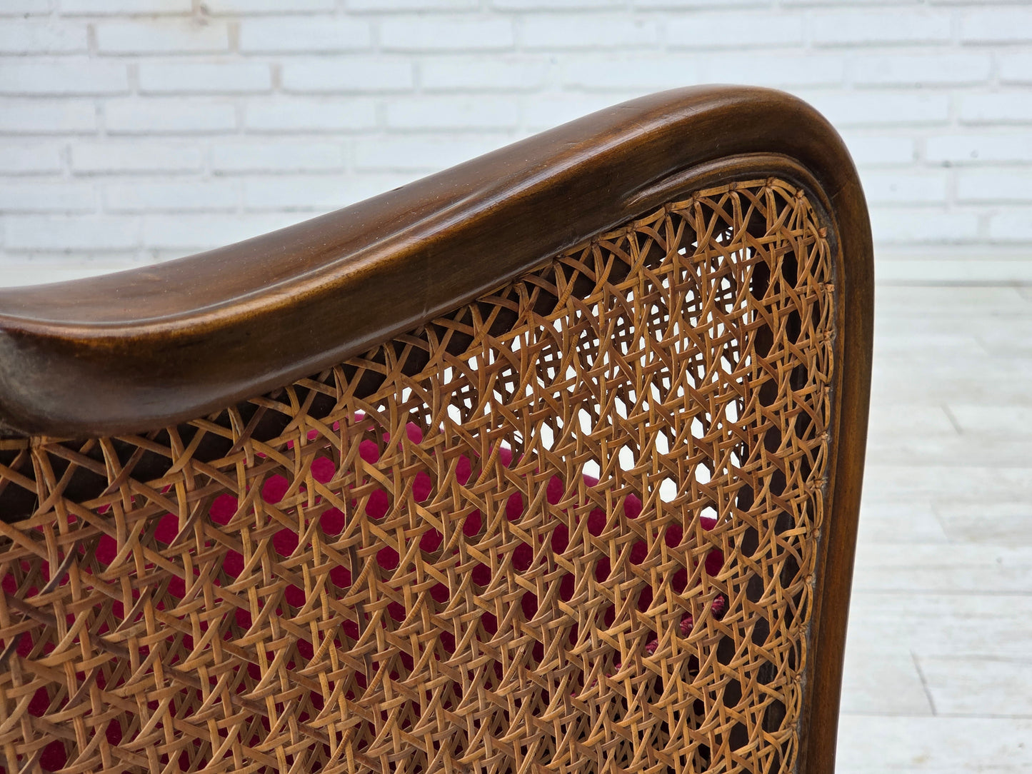 1950s, Danish 3-seater sofa, furniture velour, ash wood, furniture mesh.