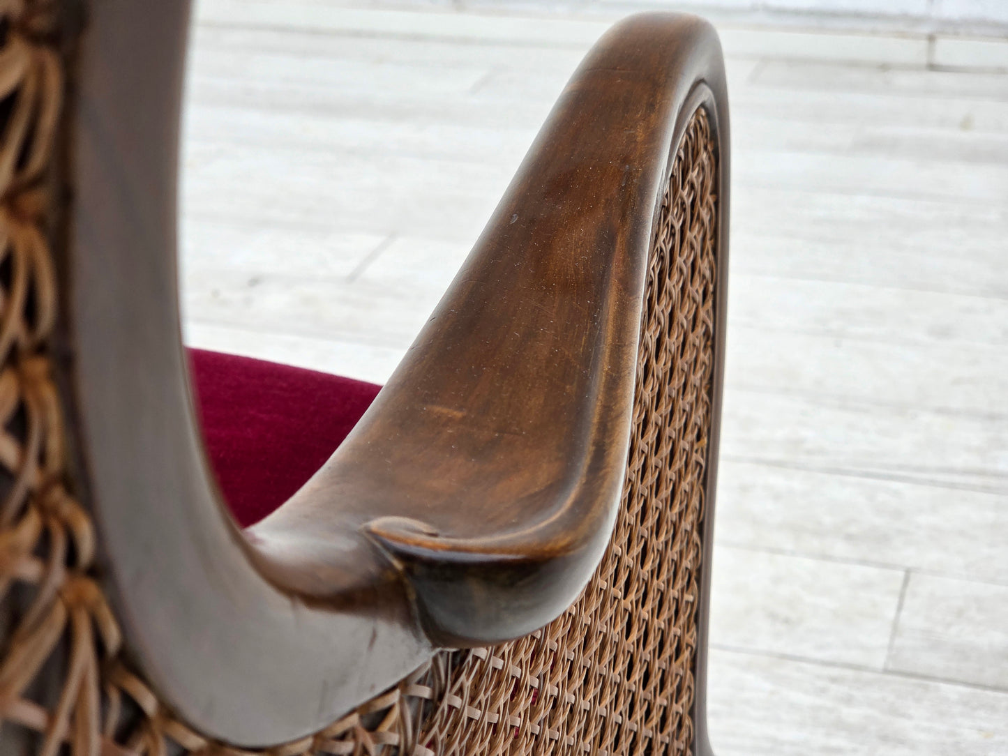 1950s, Danish 3-seater sofa, furniture velour, ash wood, furniture mesh.