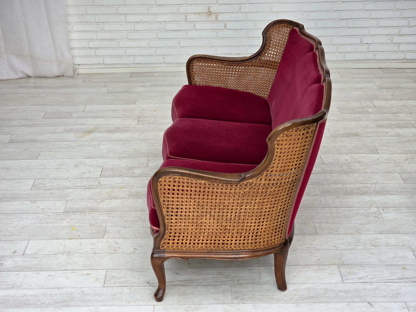 1950s, Danish 3-seater sofa, furniture velour, ash wood, furniture mesh.