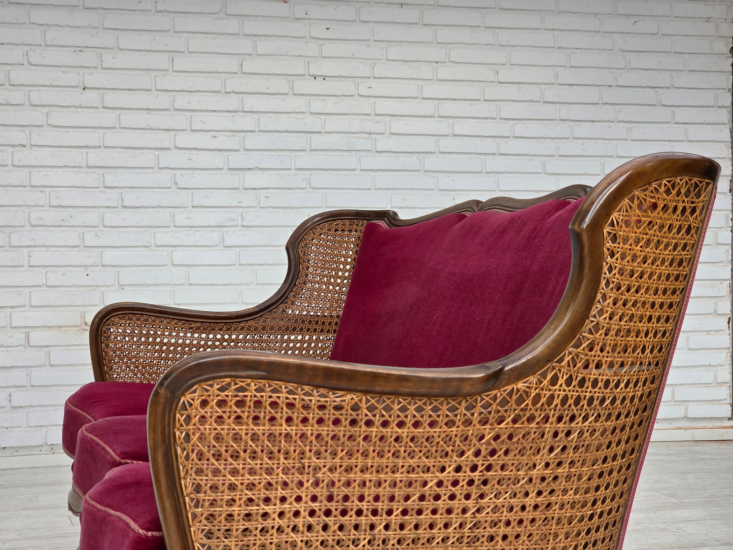 1950s, Danish 3-seater sofa, furniture velour, ash wood, furniture mesh.