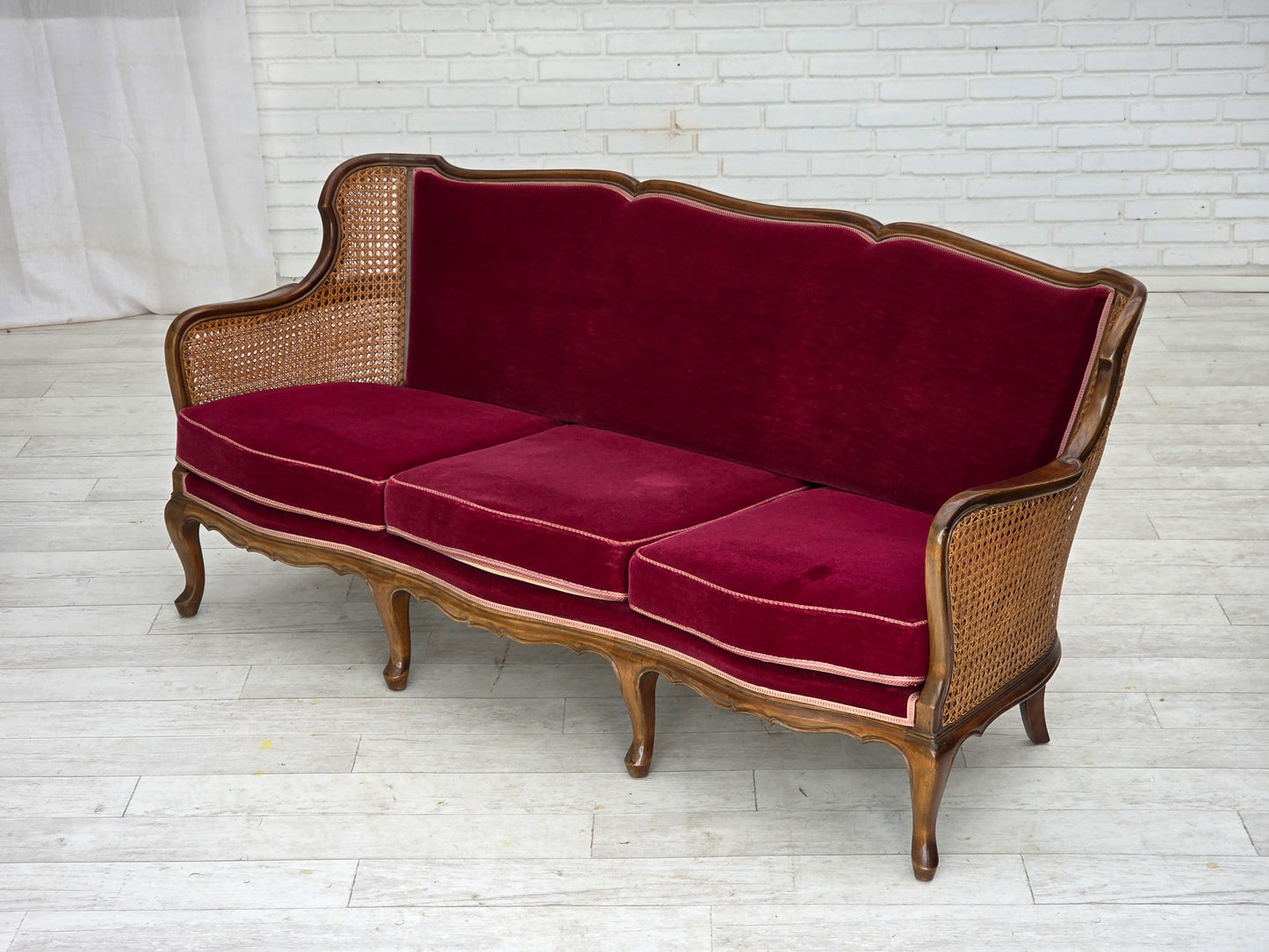 1950s, Danish 3-seater sofa, furniture velour, ash wood, furniture mesh.