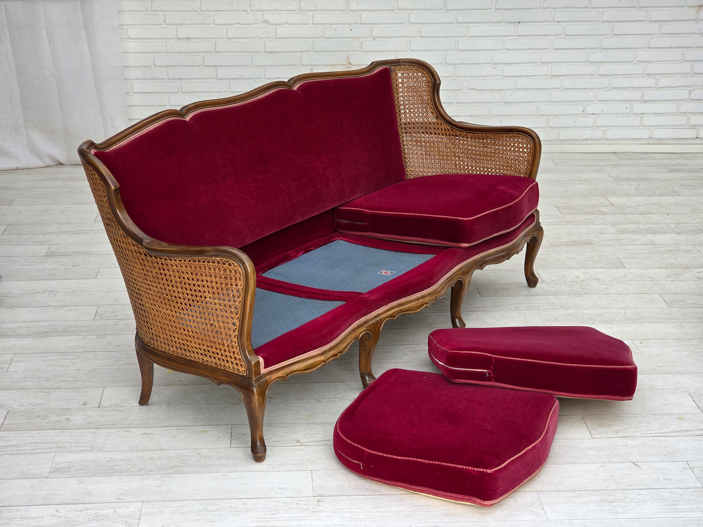 1950s, Danish 3-seater sofa, furniture velour, ash wood, furniture mesh.