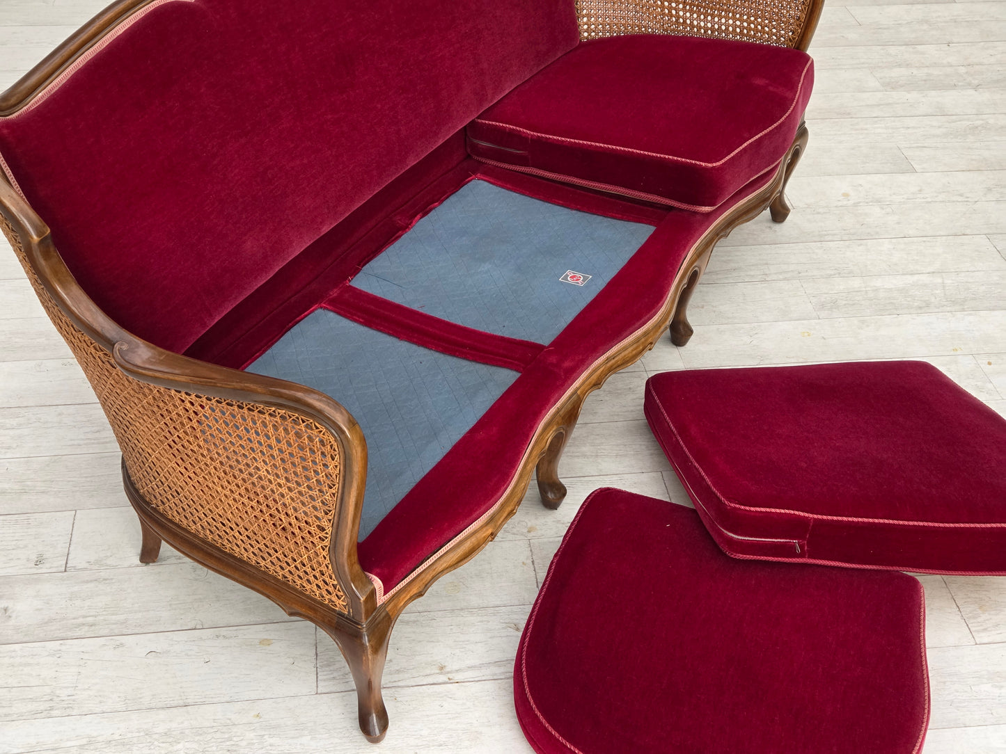 1950s, Danish 3-seater sofa, furniture velour, ash wood, furniture mesh.