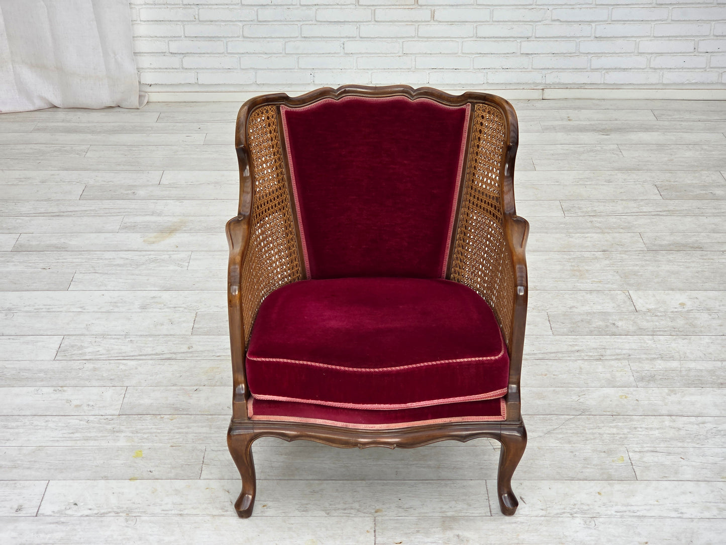 1950s, Danish armchair, furniture velour, ash wood, furniture mesh.
