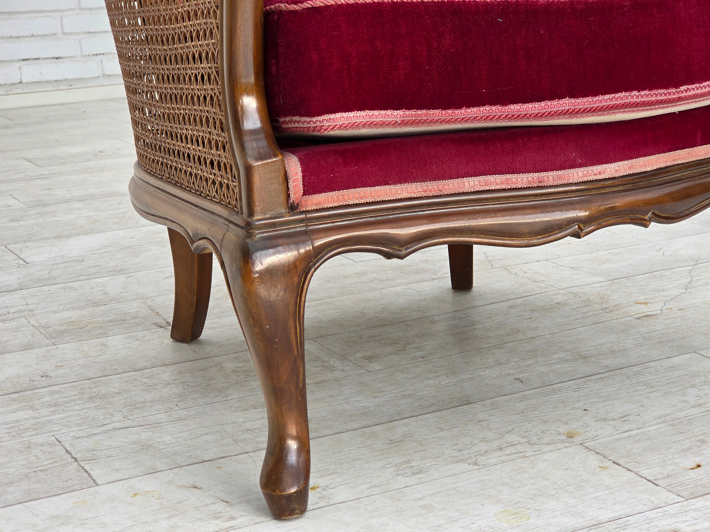 1950s, Danish armchair, furniture velour, ash wood, furniture mesh.