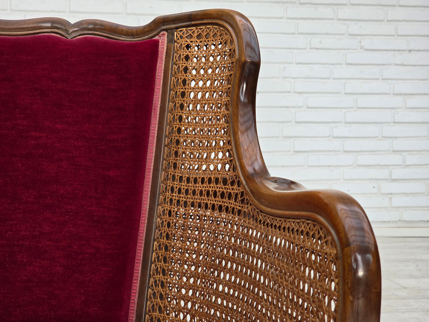 1950s, Danish armchair, furniture velour, ash wood, furniture mesh.