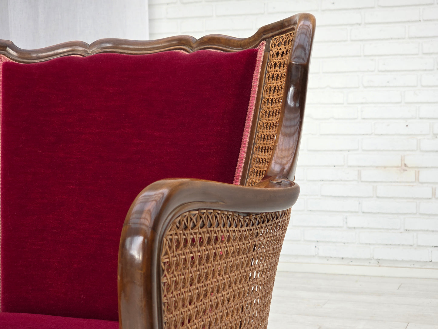 1950s, Danish armchair, furniture velour, ash wood, furniture mesh.