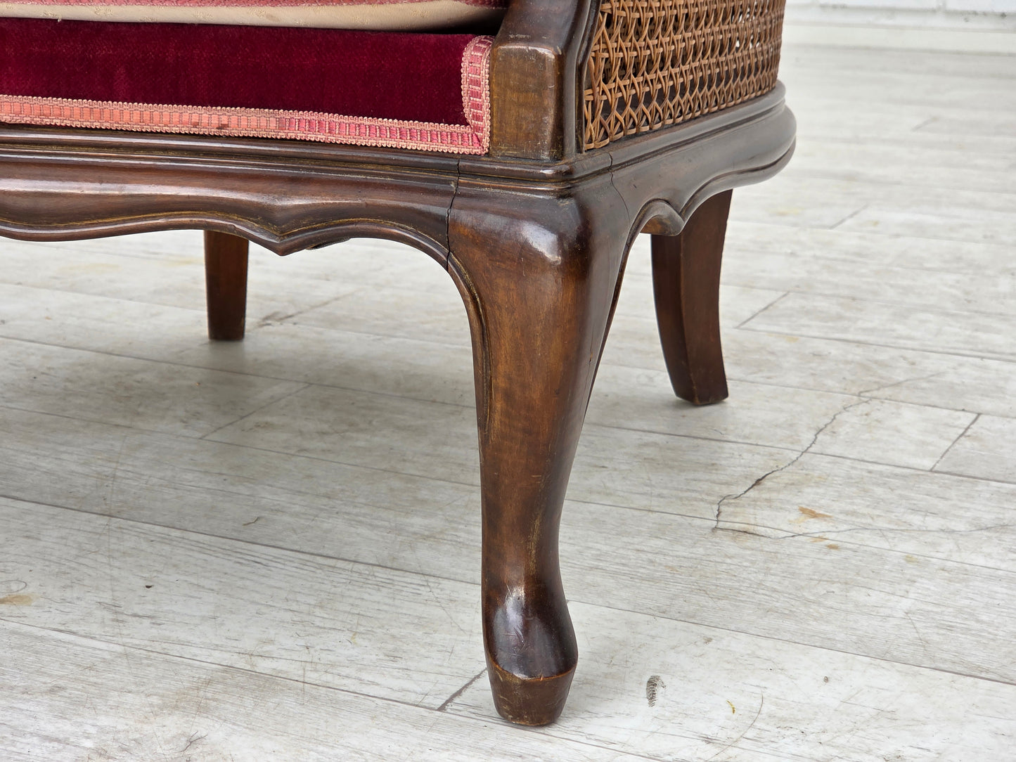 1950s, Danish armchair, furniture velour, ash wood, furniture mesh.