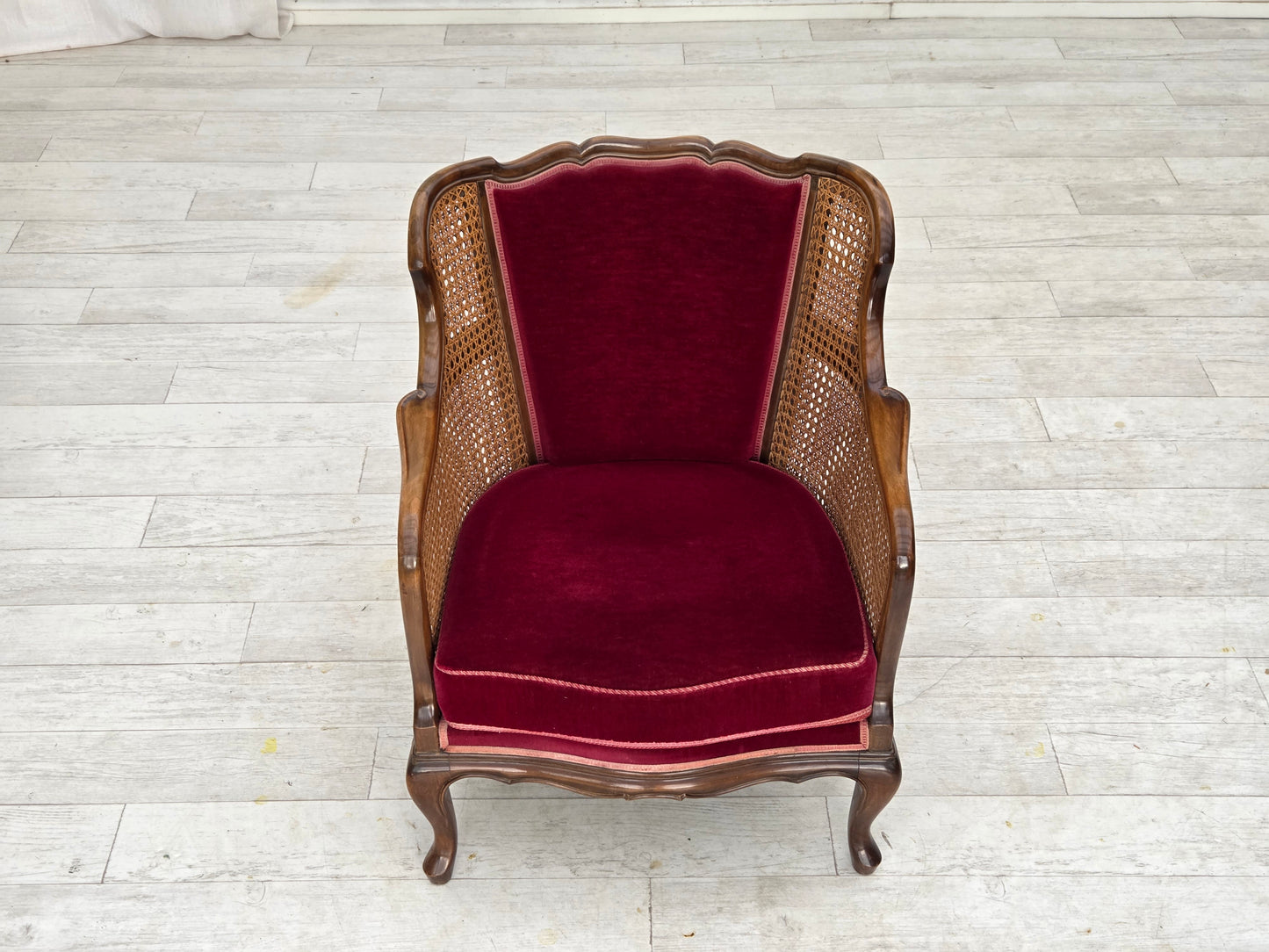 1950s, Danish armchair, furniture velour, ash wood, furniture mesh.