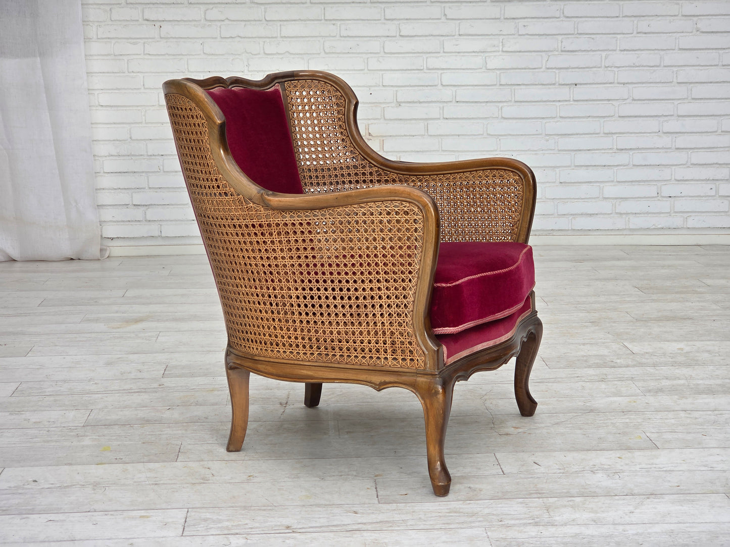 1950s, Danish armchair, furniture velour, ash wood, furniture mesh.