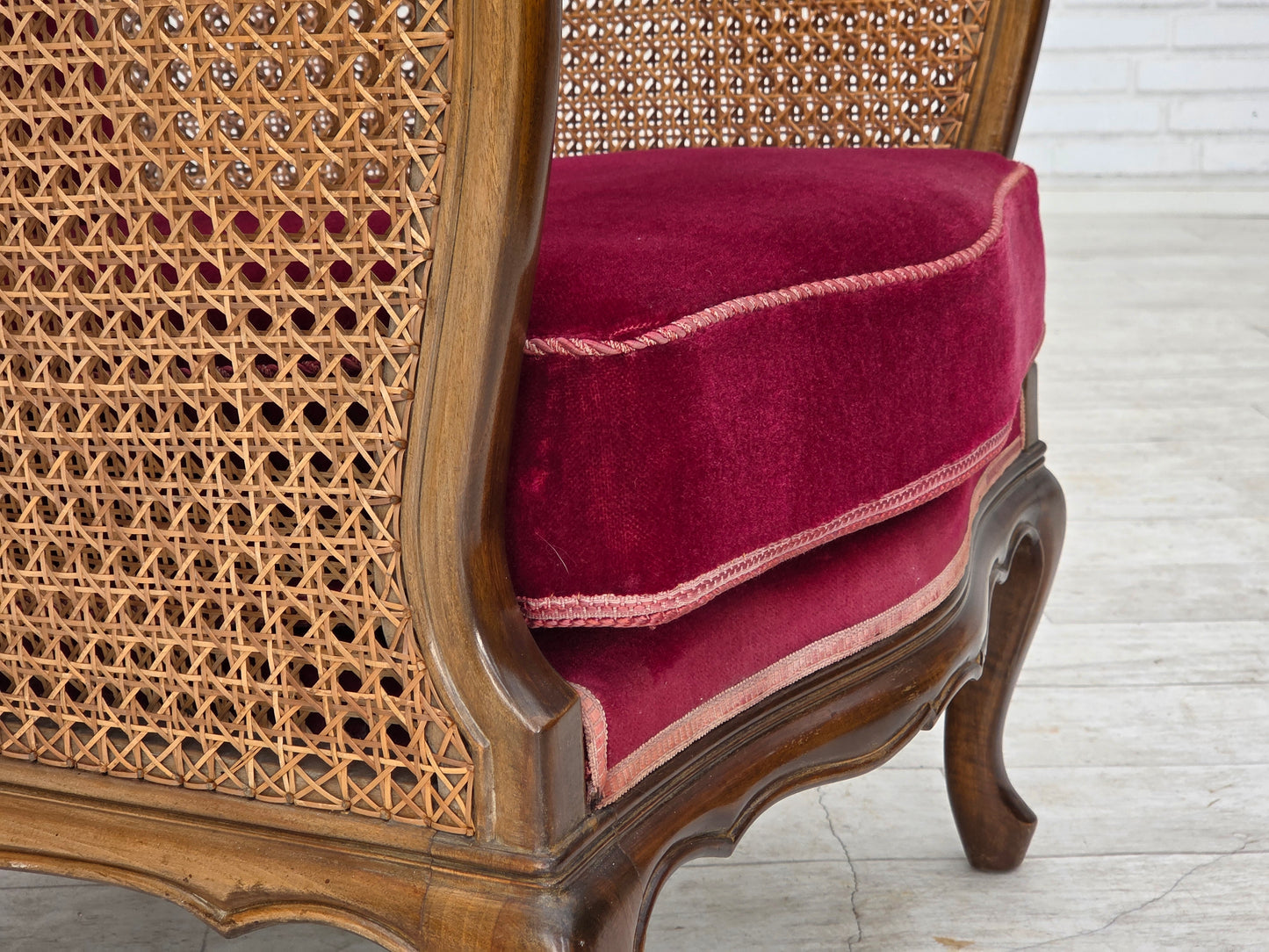 1950s, Danish armchair, furniture velour, ash wood, furniture mesh.