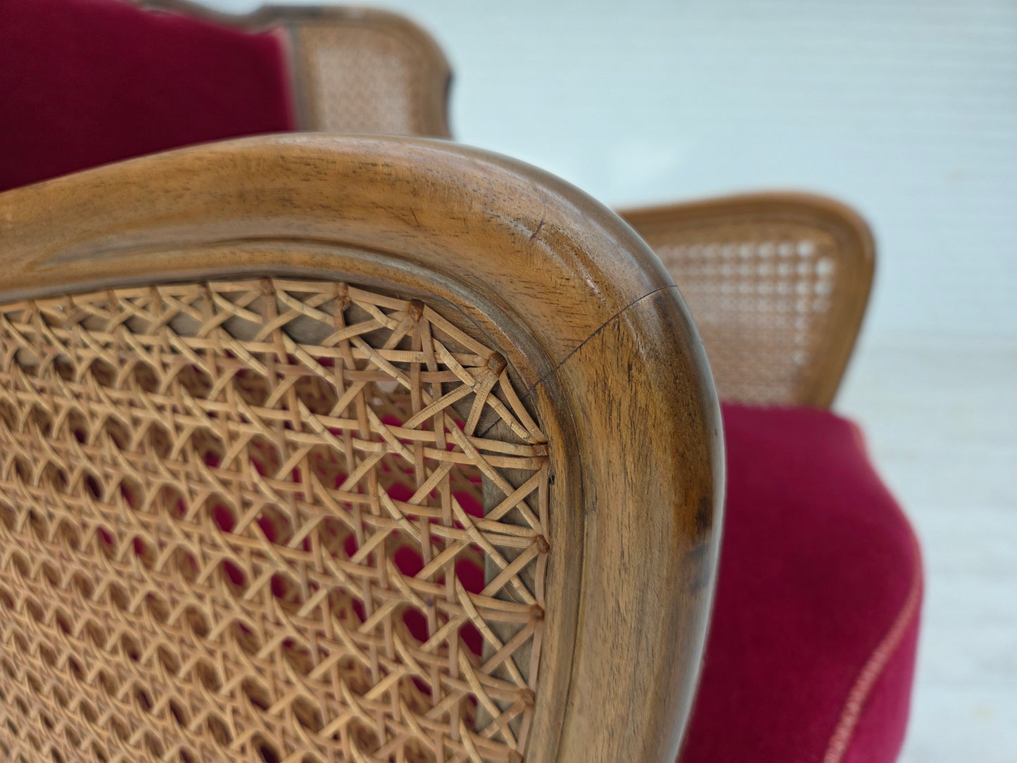 1950s, Danish armchair, furniture velour, ash wood, furniture mesh.