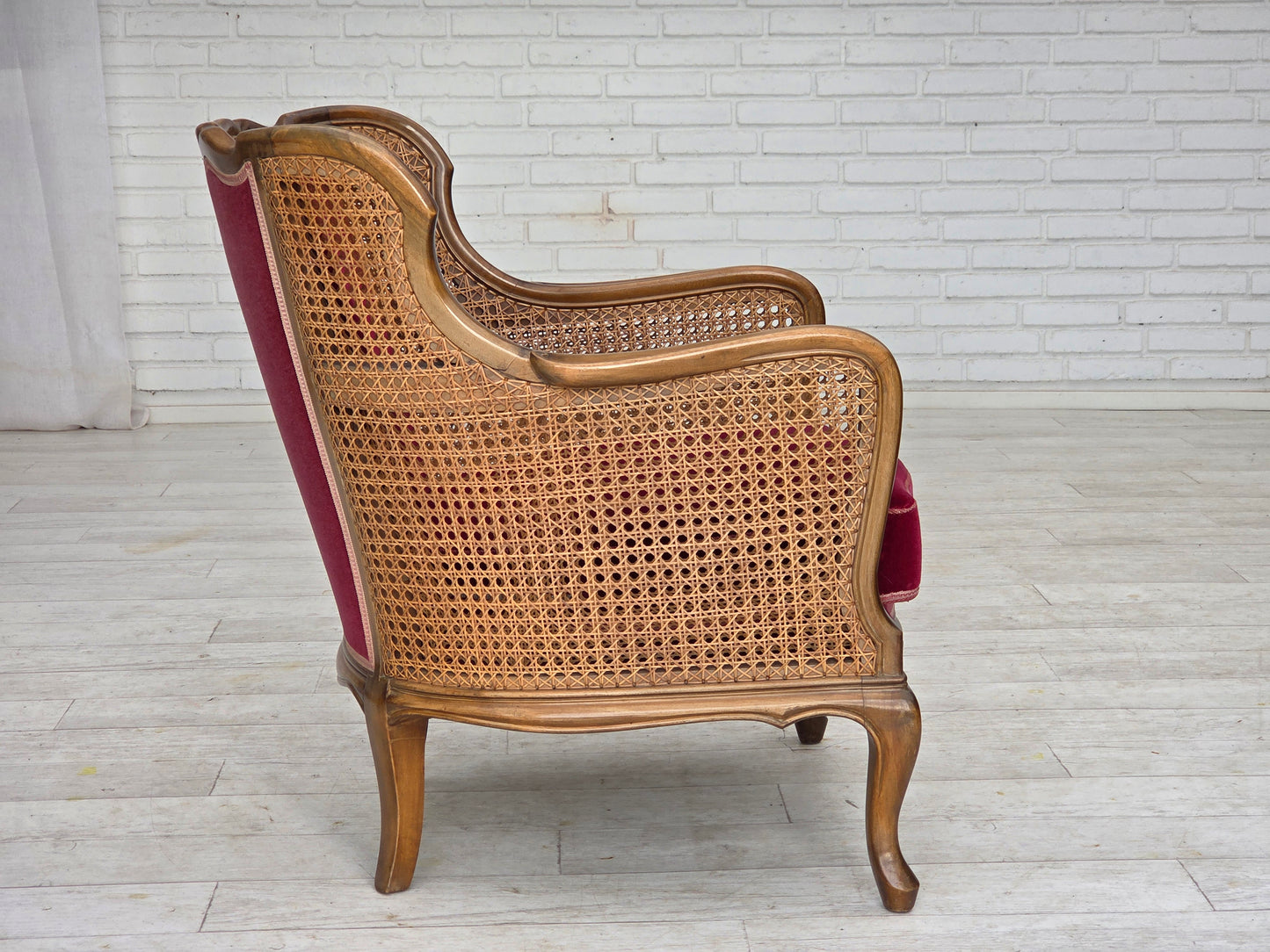 1950s, Danish armchair, furniture velour, ash wood, furniture mesh.
