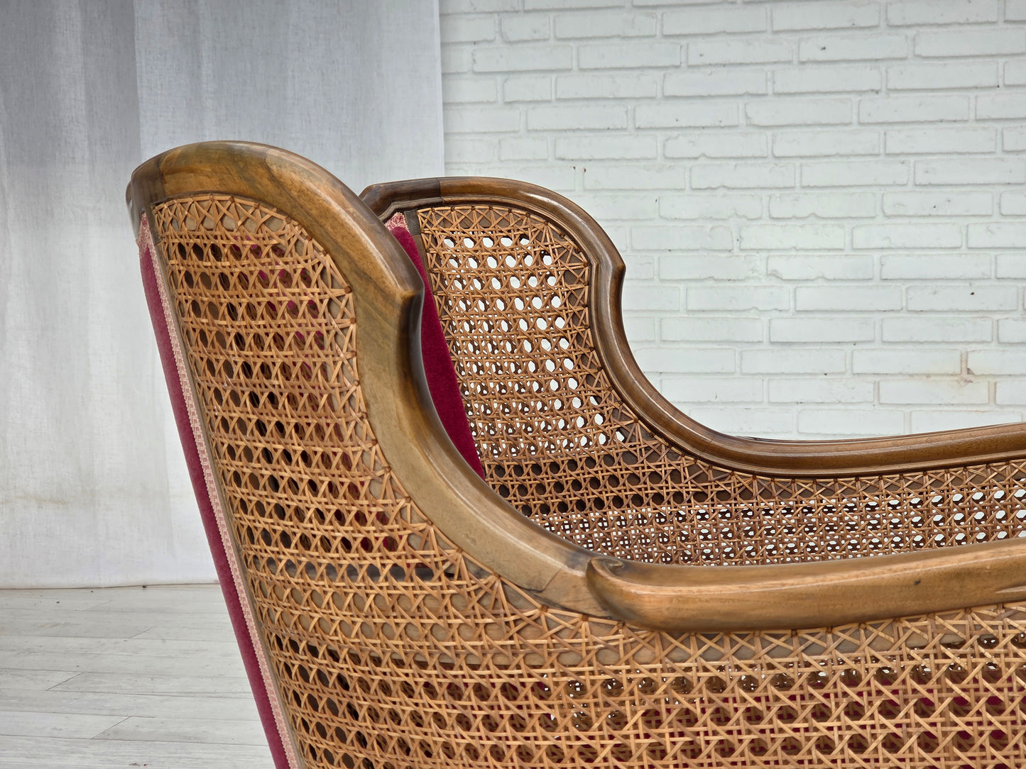 1950s, Danish armchair, furniture velour, ash wood, furniture mesh.