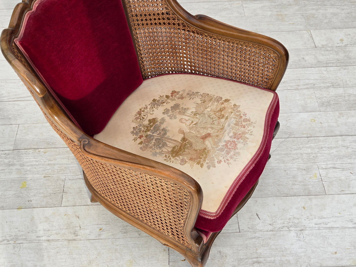 1950s, Danish armchair, furniture velour, ash wood, furniture mesh.