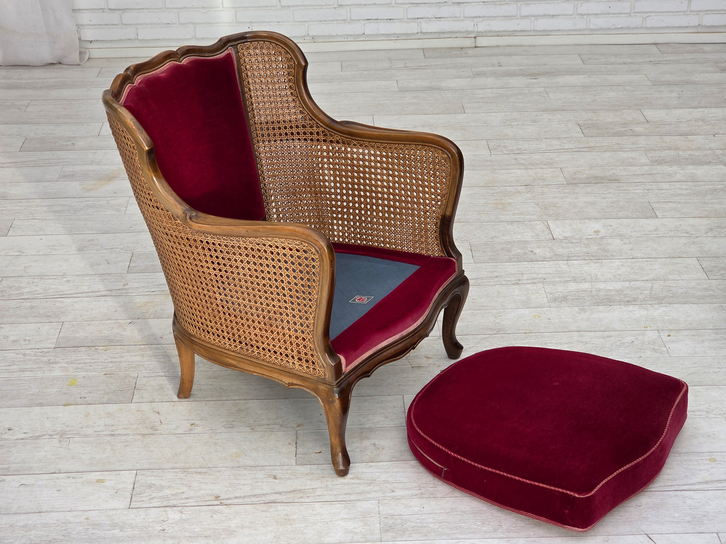 1950s, Danish armchair, furniture velour, ash wood, furniture mesh.