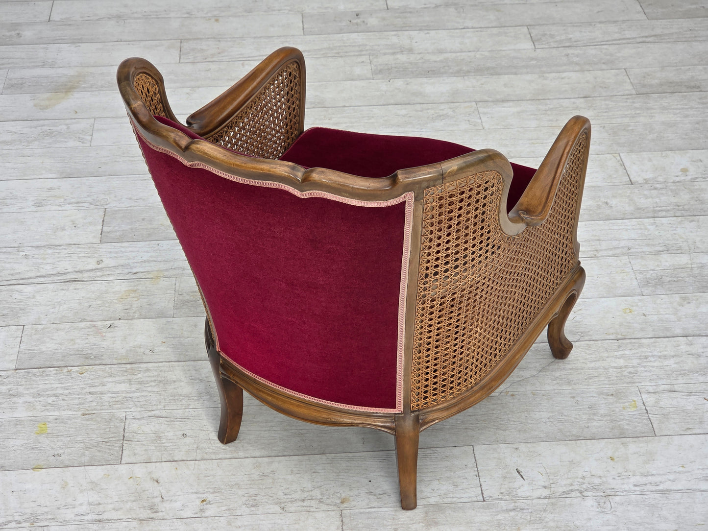 1950s, Danish armchair, furniture velour, ash wood, furniture mesh.