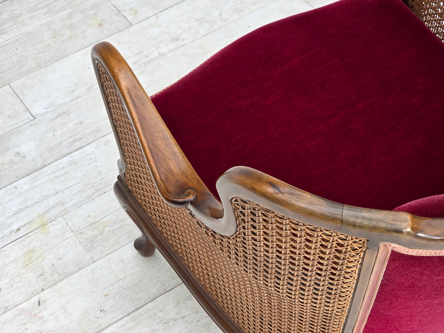 1950s, Danish armchair, furniture velour, ash wood, furniture mesh.