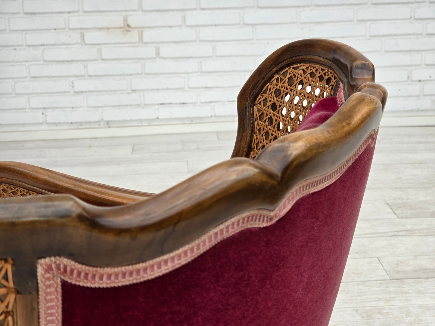 1950s, Danish armchair, furniture velour, ash wood, furniture mesh.