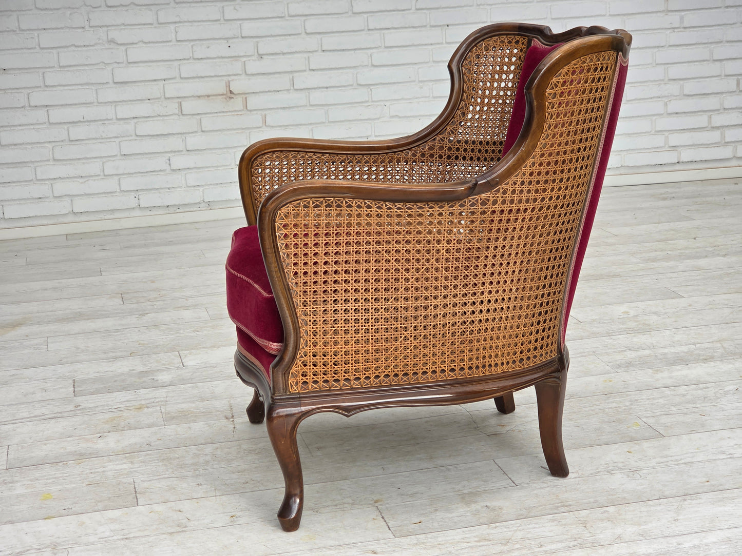 1950s, Danish armchair, furniture velour, ash wood, furniture mesh.