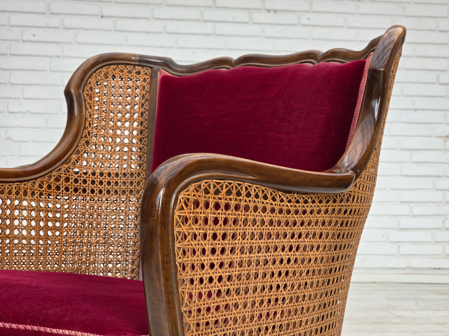 1950s, Danish armchair, furniture velour, ash wood, furniture mesh.