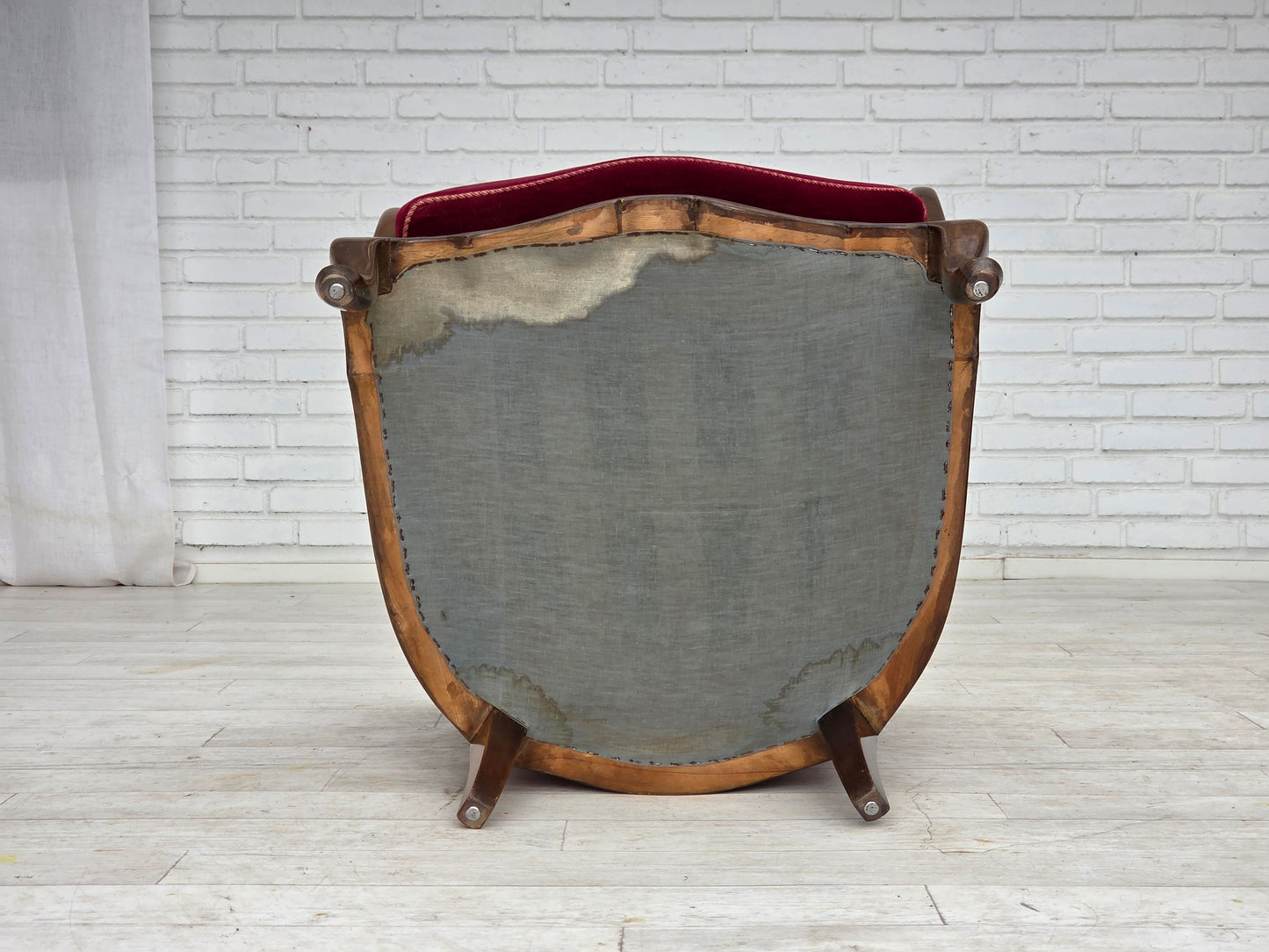 1950s, Danish armchair, furniture velour, ash wood, furniture mesh.