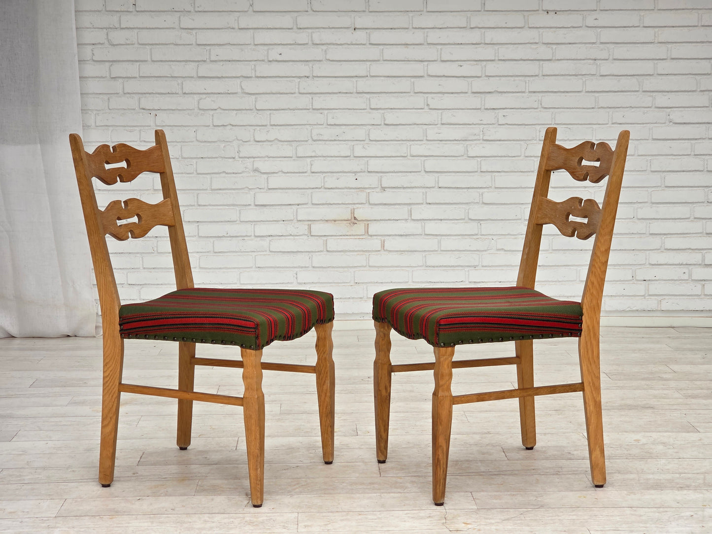 1970s, set of 2 Danish dining chairs, furniture wool, solid oak wood.
