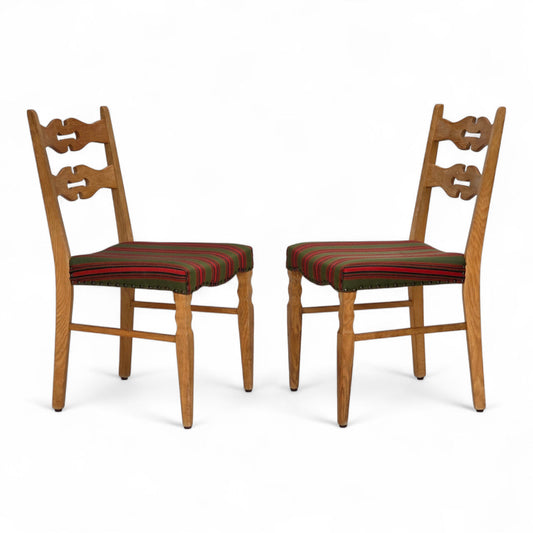 1970s, set of 2 Danish dining chairs, furniture wool, solid oak wood.