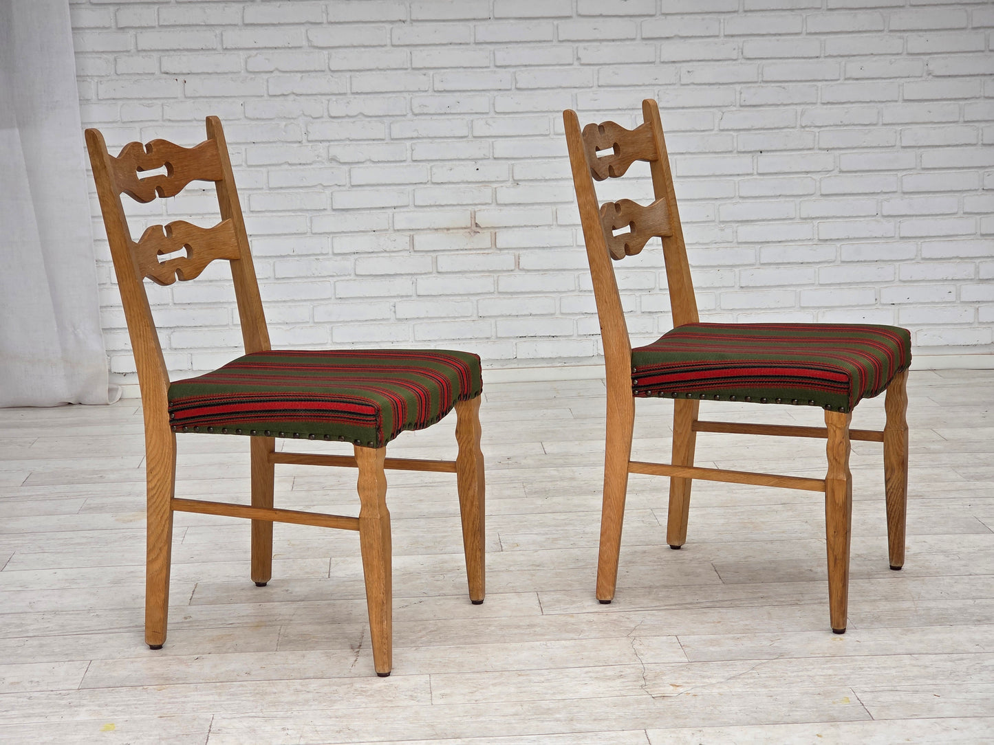 1970s, set of 2 Danish dining chairs, furniture wool, solid oak wood.