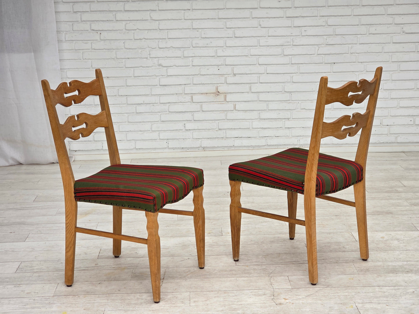 1970s, set of 2 Danish dining chairs, furniture wool, solid oak wood.