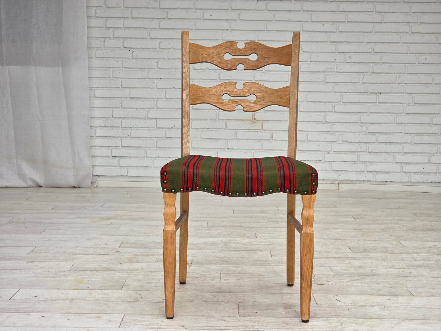 1970s, set of 2 Danish dining chairs, furniture wool, solid oak wood.