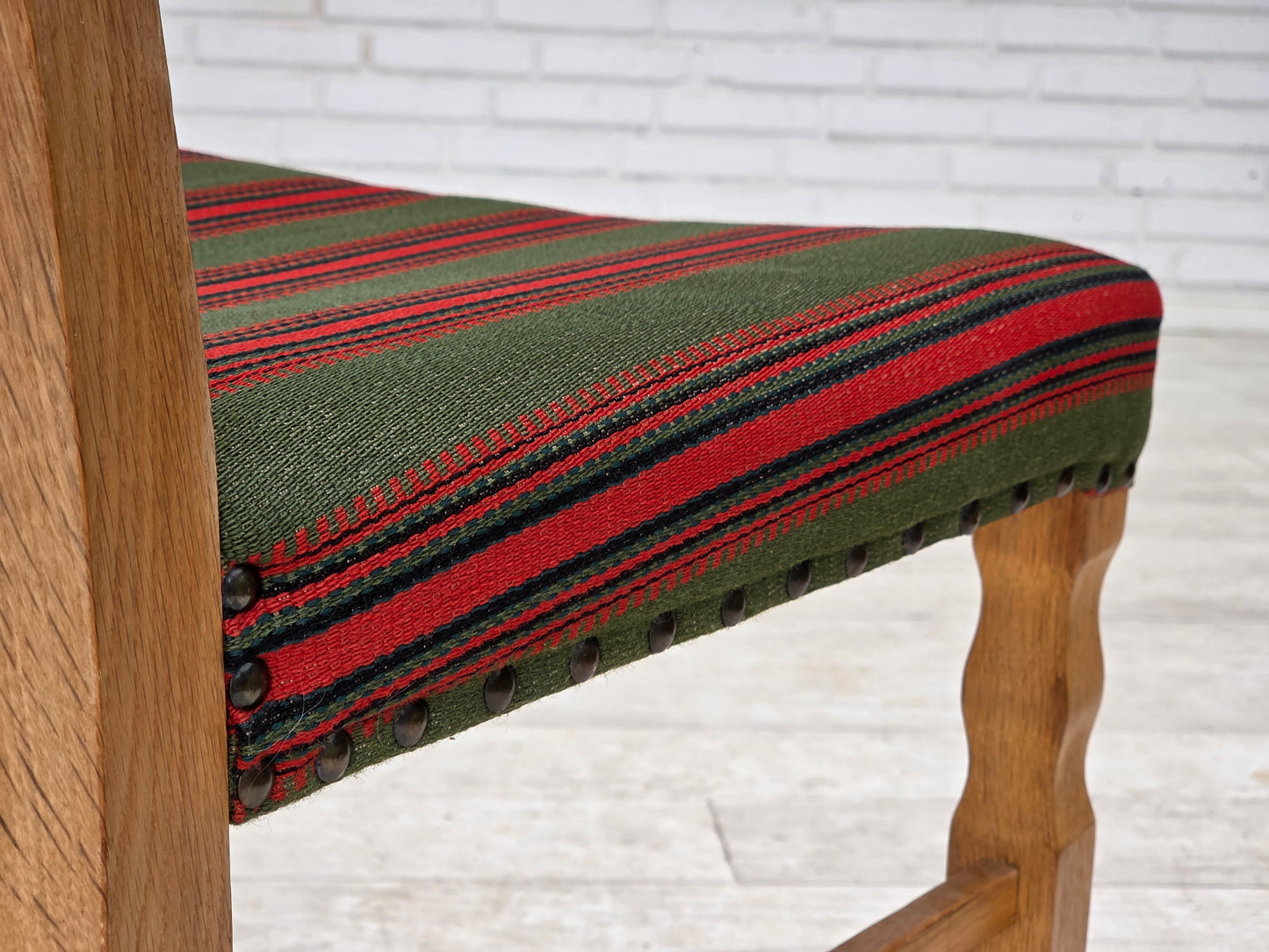 1970s, set of 2 Danish dining chairs, furniture wool, solid oak wood.