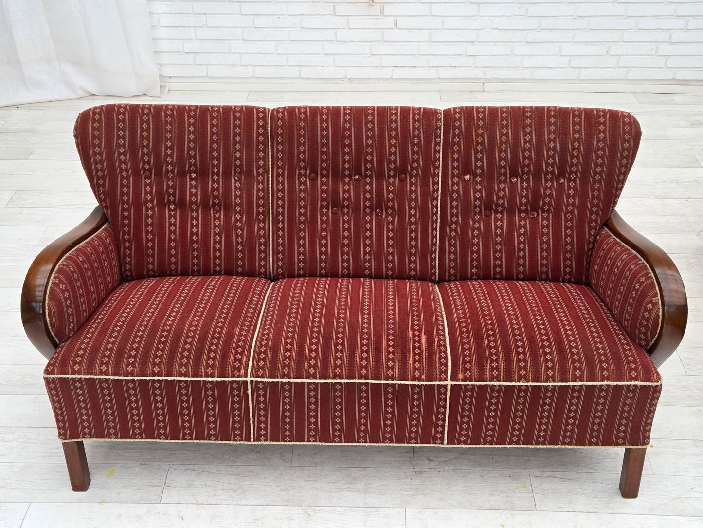 1960s, Danish 3-seater sofa, red furniture wool, beech wood.