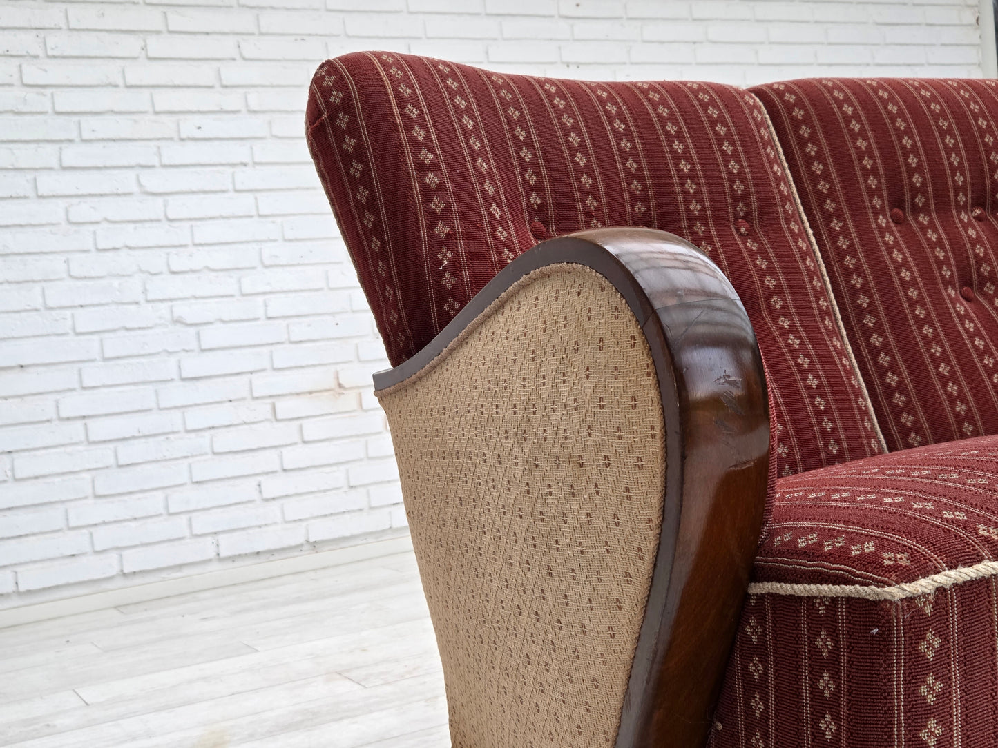 1960s, Danish 3-seater sofa, red furniture wool, beech wood.