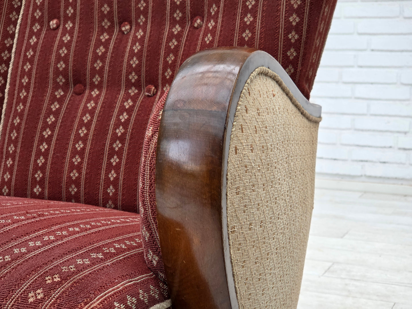 1960s, Danish 3-seater sofa, red furniture wool, beech wood.