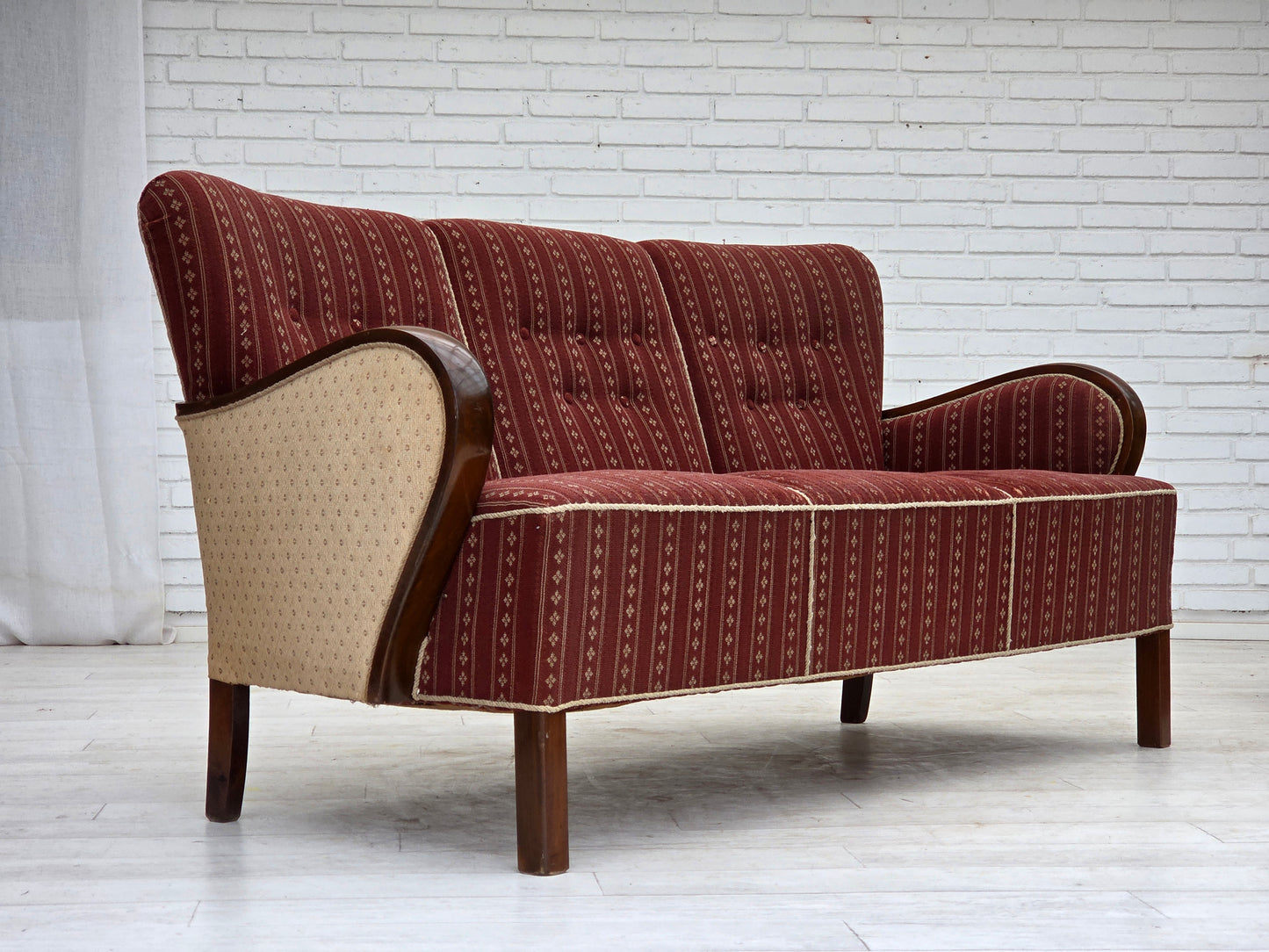 1960s, Danish 3-seater sofa, red furniture wool, beech wood.