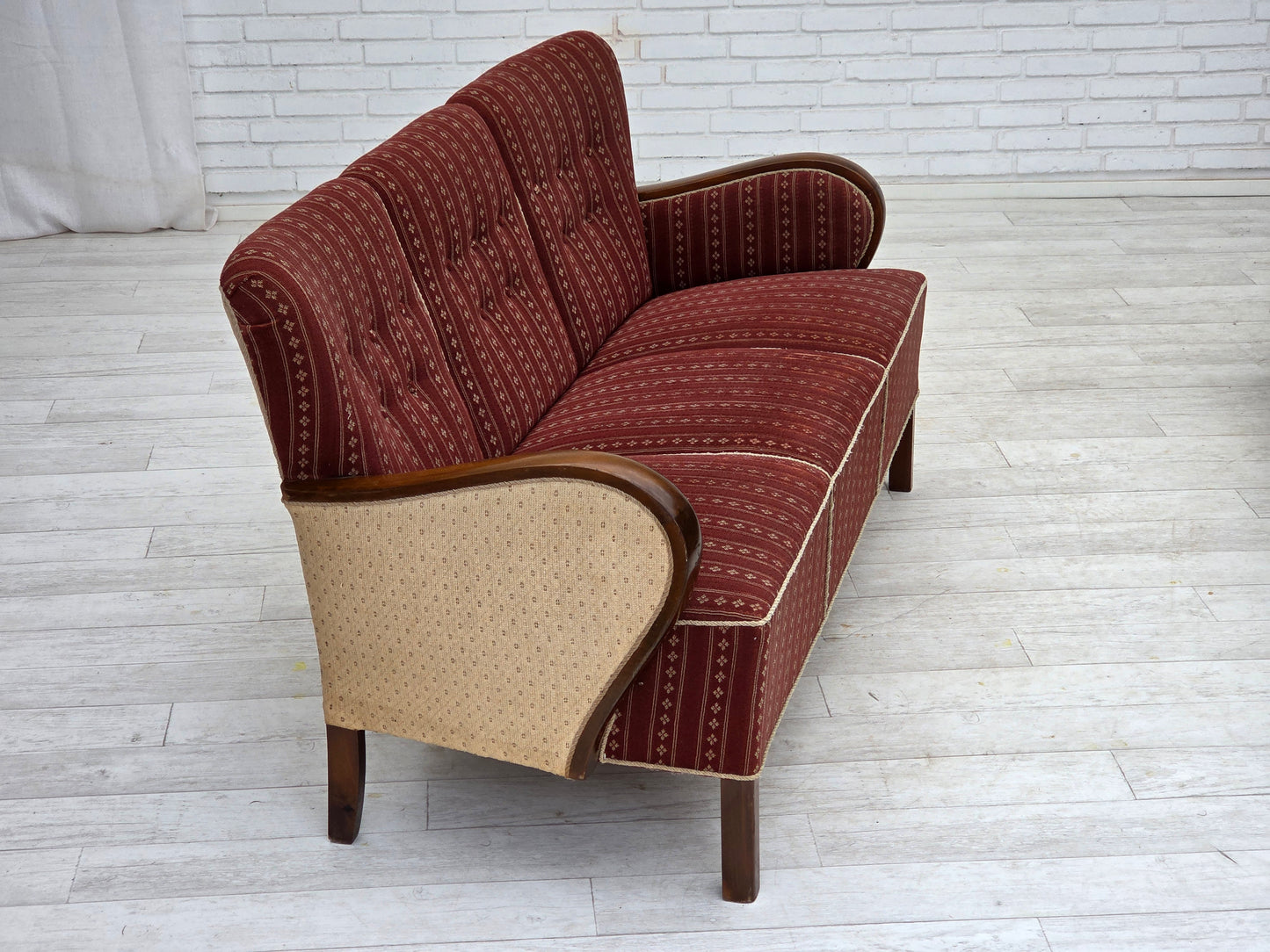 1960s, Danish 3-seater sofa, red furniture wool, beech wood.