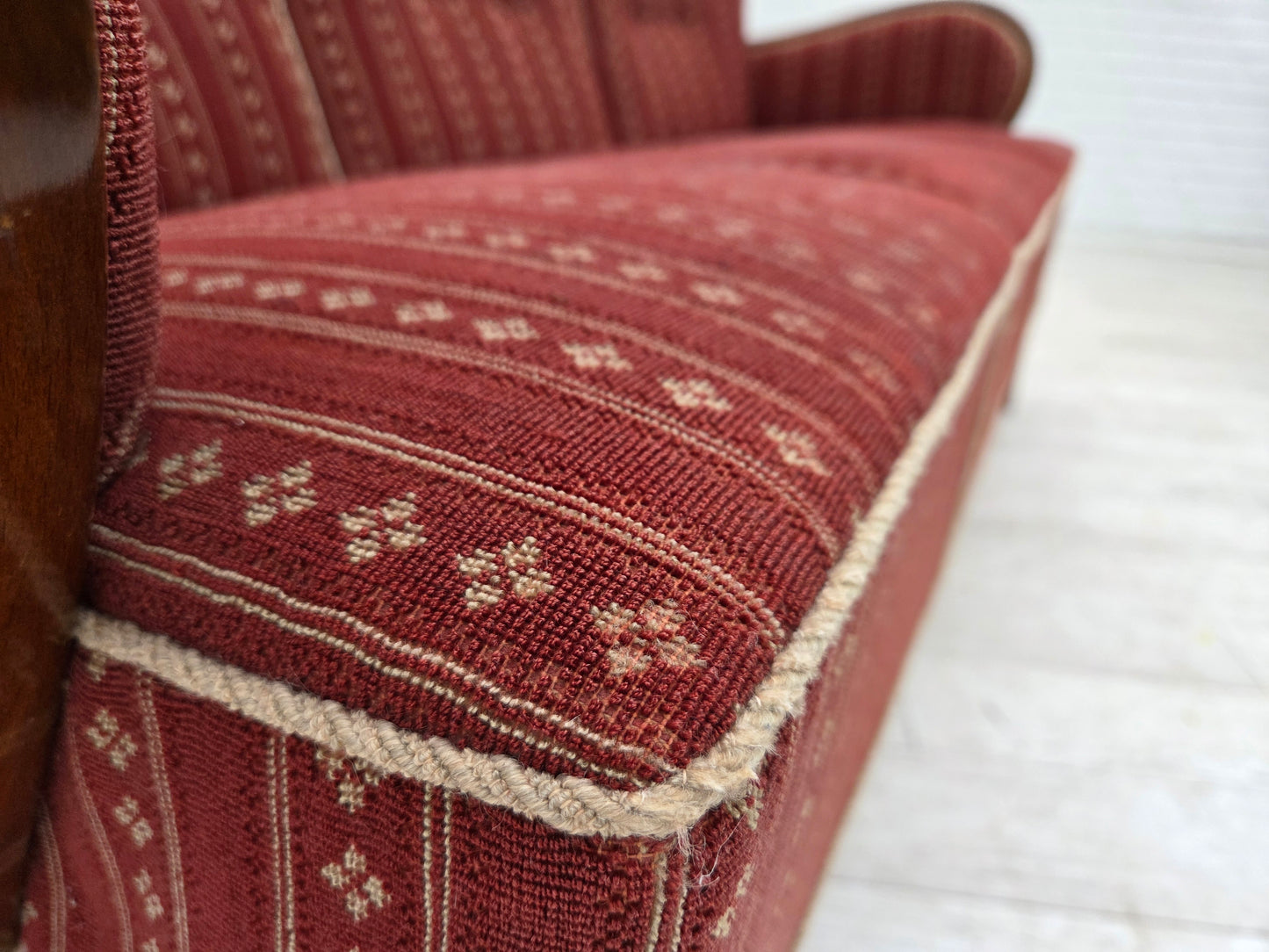 1960s, Danish 3-seater sofa, red furniture wool, beech wood.