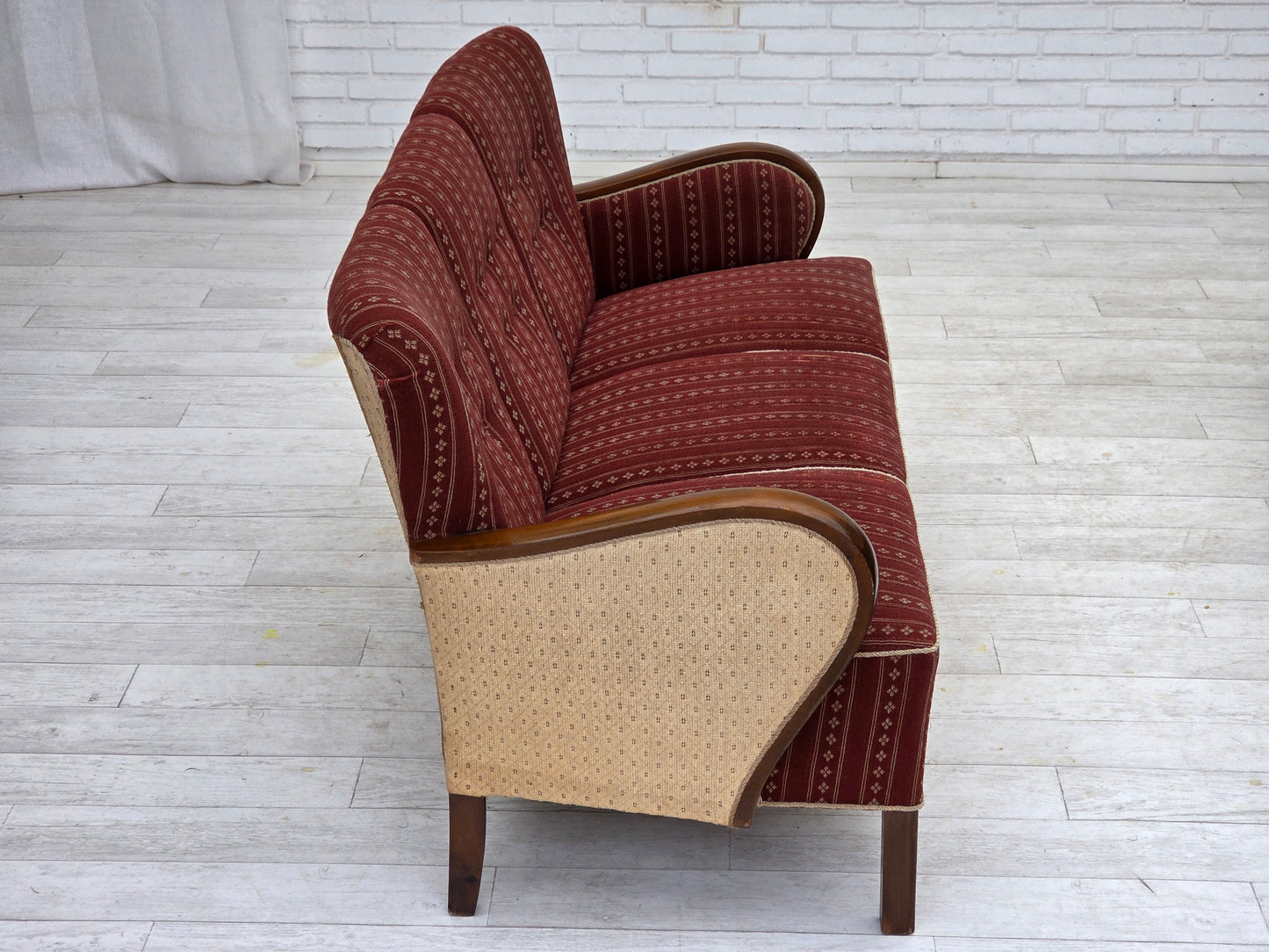 1960s, Danish 3-seater sofa, red furniture wool, beech wood.