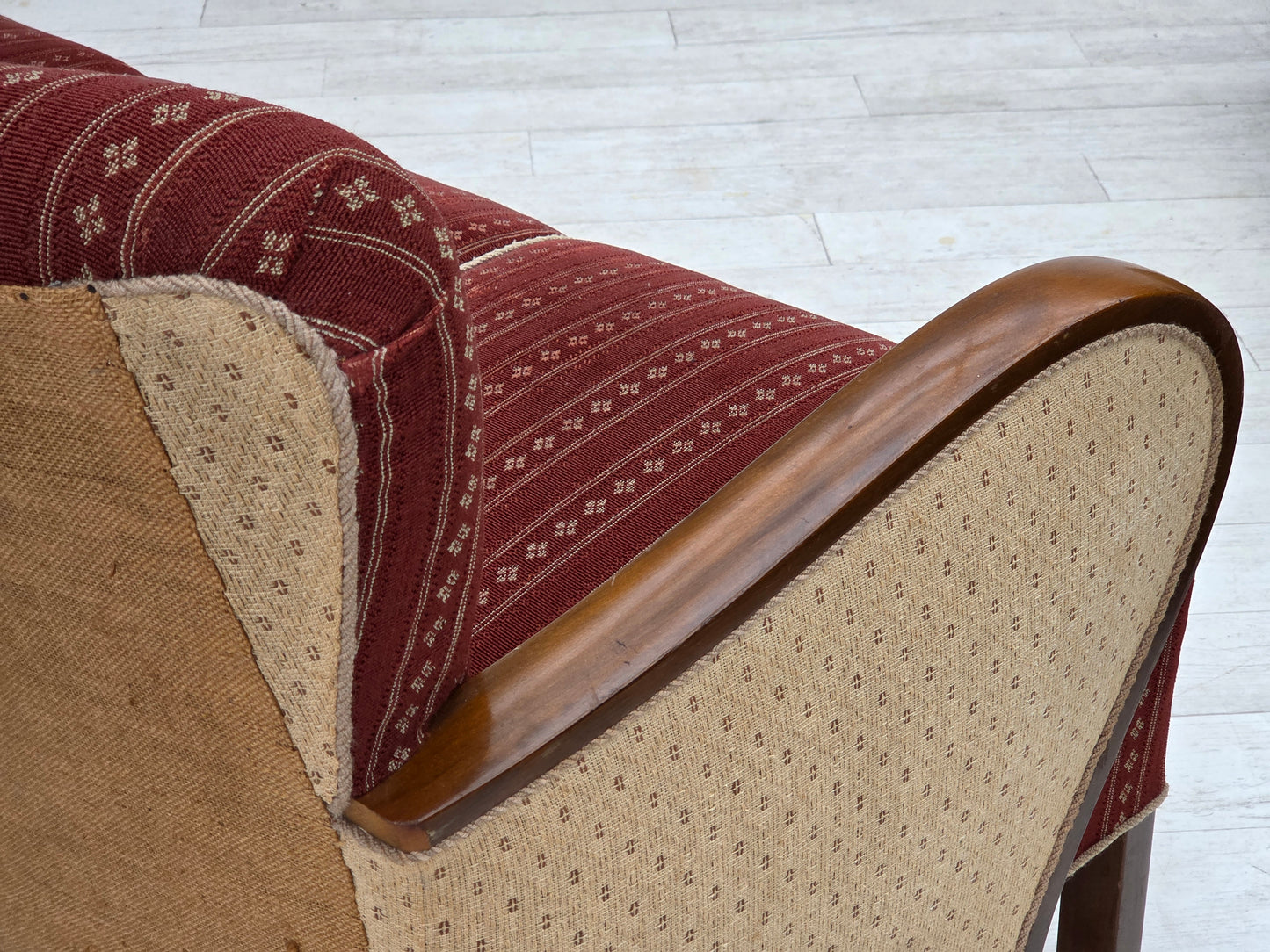 1960s, Danish 3-seater sofa, red furniture wool, beech wood.